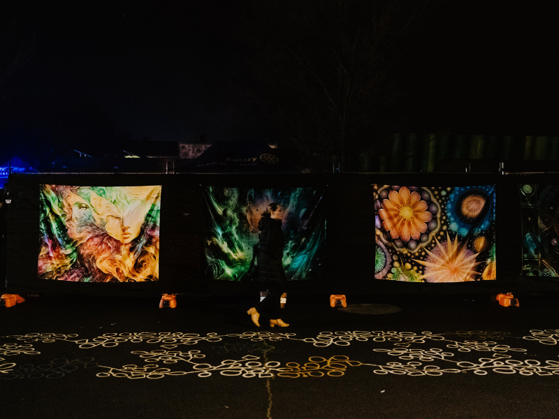 Large illuminated artwork installations displayed at WinterGlow at night.
